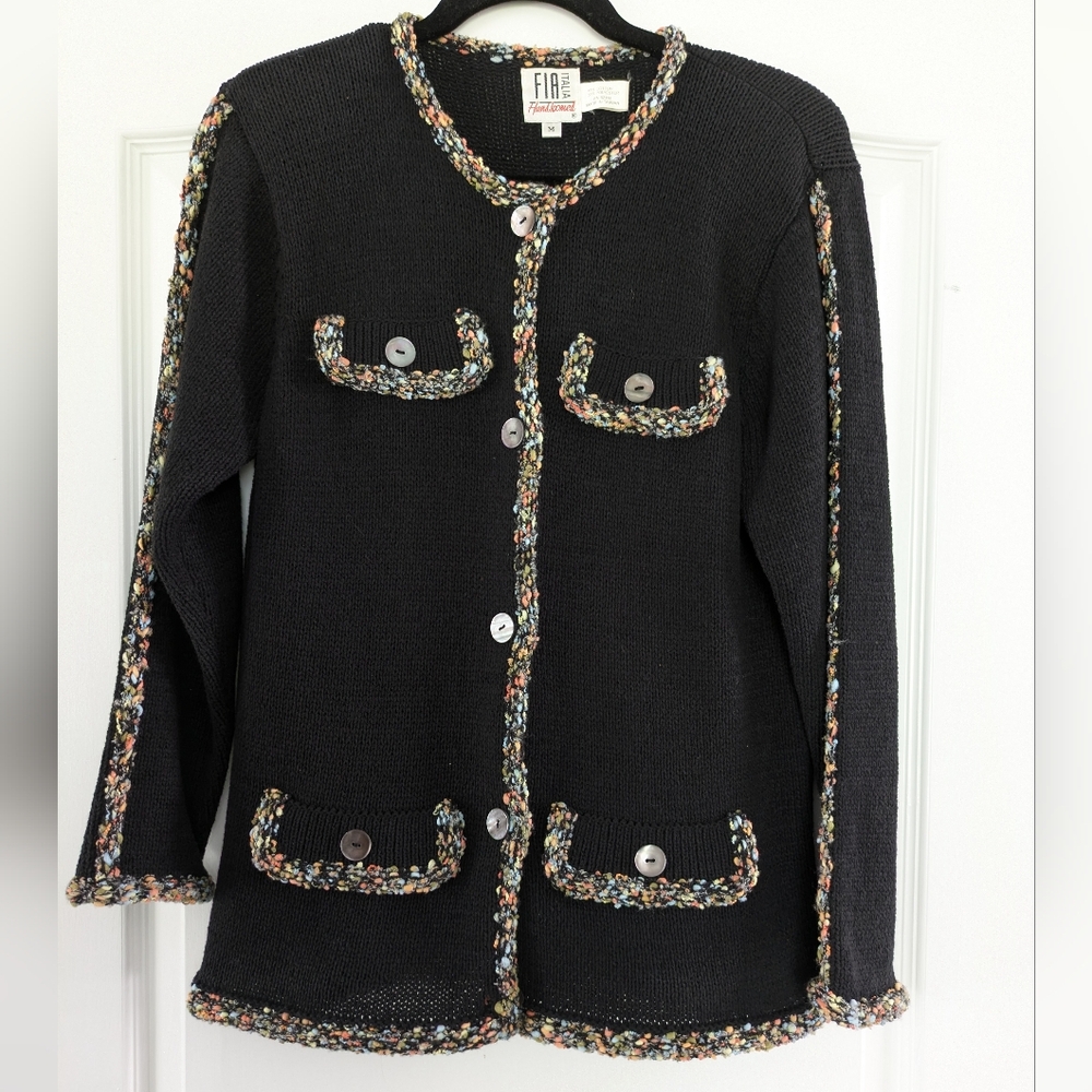 Vintage Fia Italia Handloomed Cardigan Sweater Knit Black Button Front Womens M‎